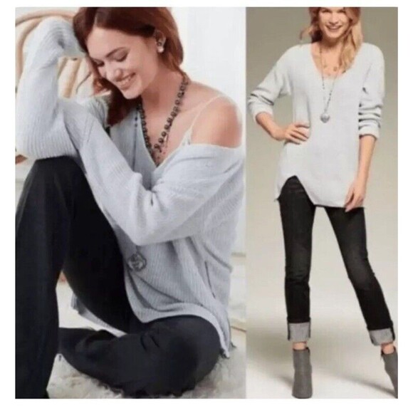 Cabi Deep V Pullover Sweater Tunic Side Zippers, Gray - Beige #3531 Large Ribbed - Picture 1 of 8